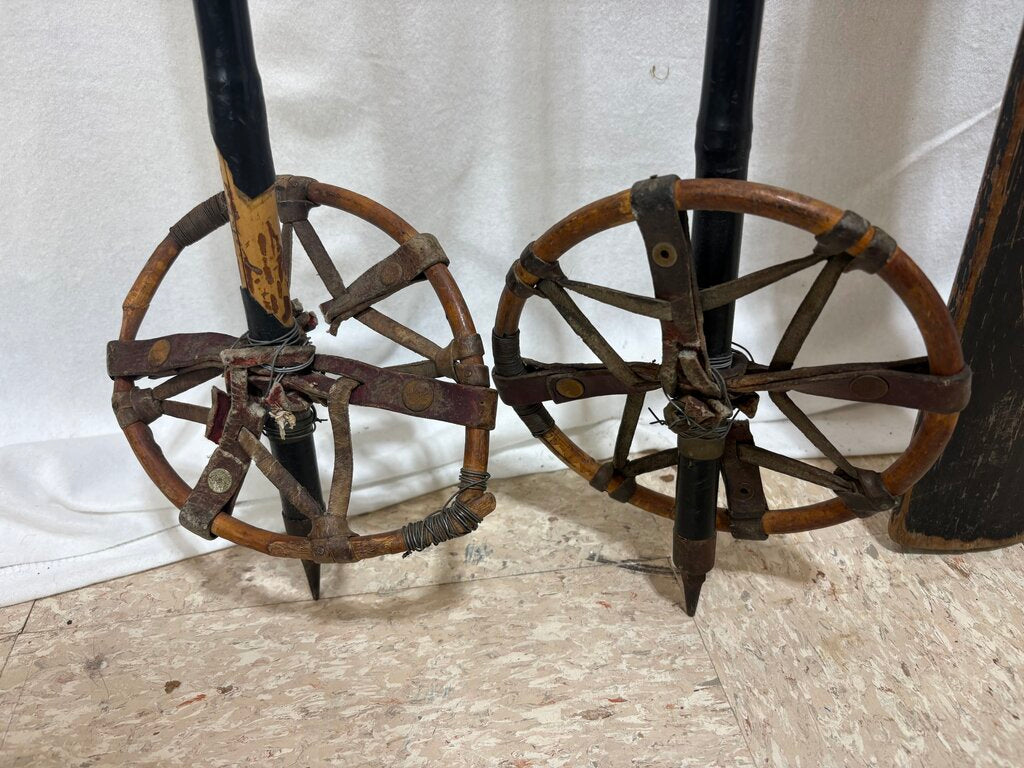 Early 20th C. 1920's Era Gebruder Schick Skis Kandahar Bindings w/ Plastic coated Bamboo Poles (4Pcs)