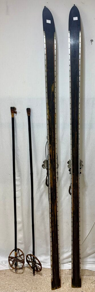 Early 20th C. 1920's Era Gebruder Schick Skis Kandahar Bindings w/ Plastic coated Bamboo Poles (4Pcs)