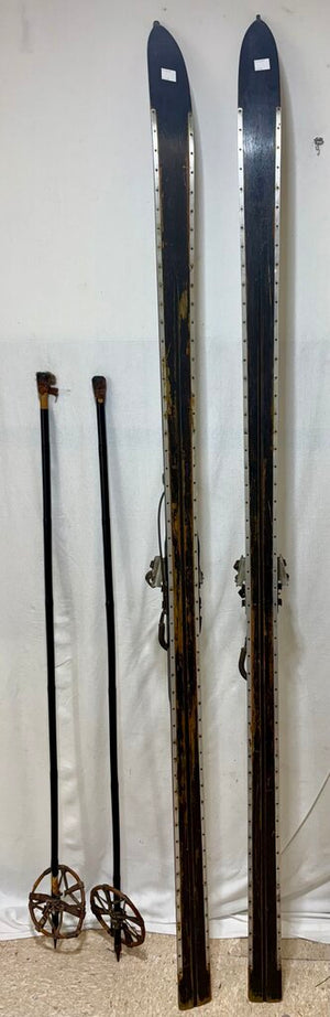 Early 20th C. 1920's Era Gebruder Schick Skis Kandahar Bindings w/ Plastic coated Bamboo Poles (4Pcs)