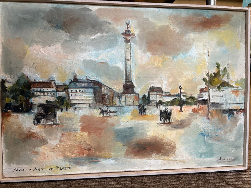 Mid 20th C. Paris Palace de Bastille Oil on Canvas Signed Artist Unknown