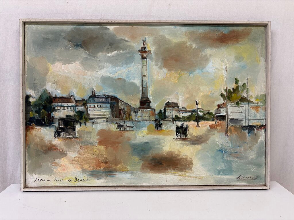 Mid 20th C. Paris Palace de Bastille Oil on Canvas Signed Artist Unknown