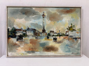 Mid 20th C. Paris Palace de Bastille Oil on Canvas Signed Artist Unknown
