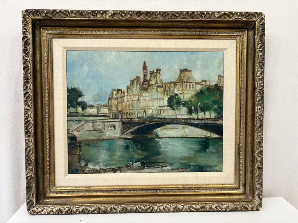 Mid 20th C. Paris Hotel de Ville Oil on Canvas Signed Artist Unknown
