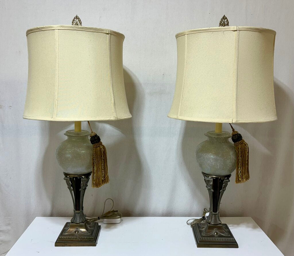 Mid Century Art Nouveau Style Bronze & Rose Opalescent Globe Table Lamp (PAIR)