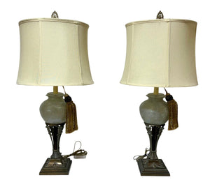 Mid Century Art Nouveau Style Bronze & Rose Opalescent Globe Table Lamp (PAIR)