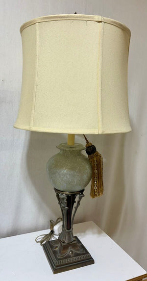 Mid Century Art Nouveau Style Bronze & Rose Opalescent Globe Table Lamp (PAIR)