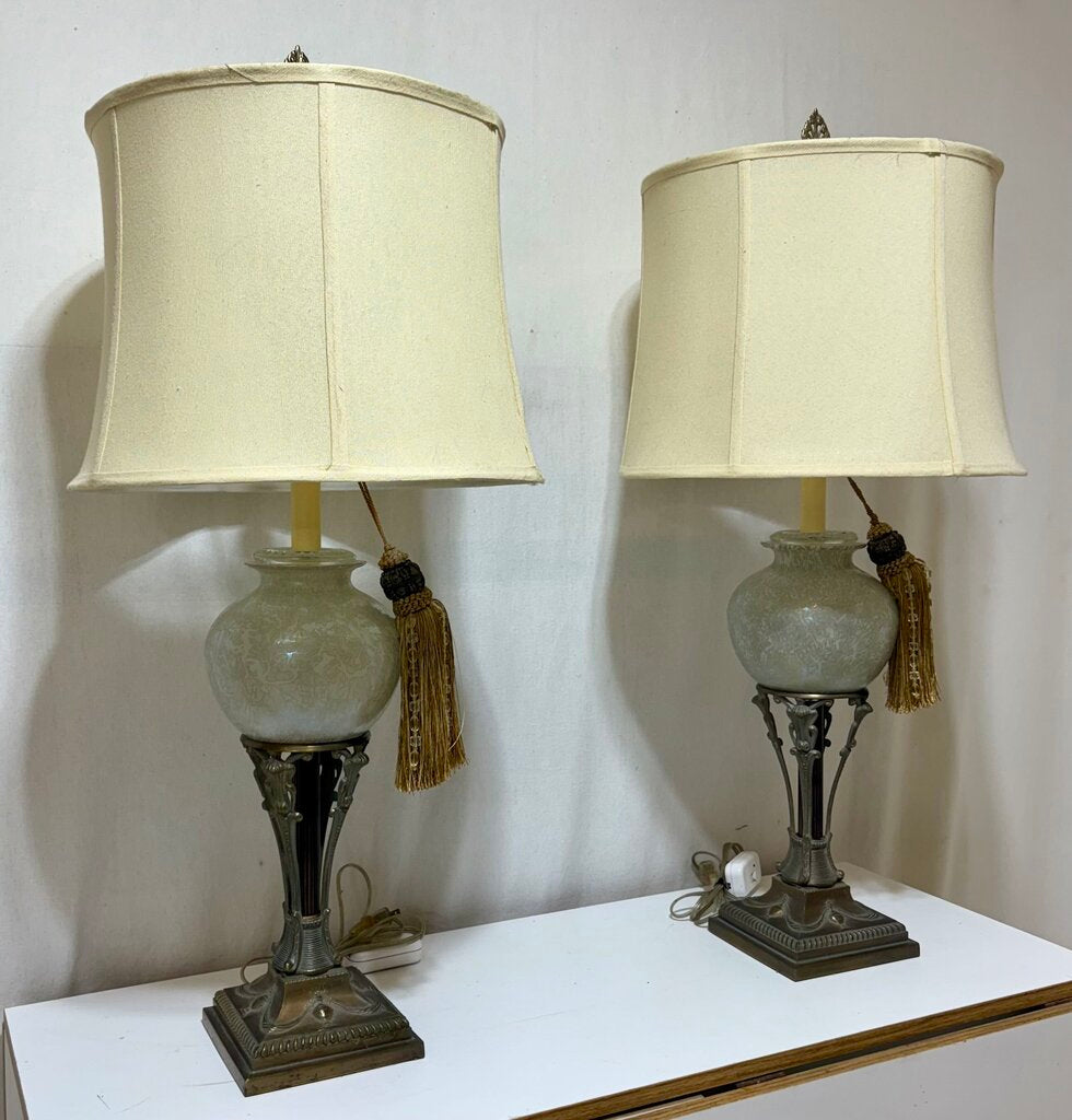 Mid Century Art Nouveau Style Bronze & Rose Opalescent Globe Table Lamp (PAIR)