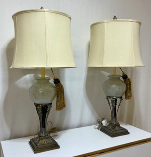 Mid Century Art Nouveau Style Bronze & Rose Opalescent Globe Table Lamp (PAIR)