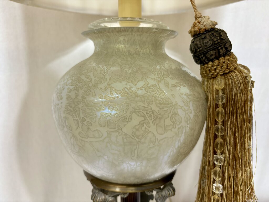 Mid Century Art Nouveau Style Bronze & Rose Opalescent Globe Table Lamp (PAIR)