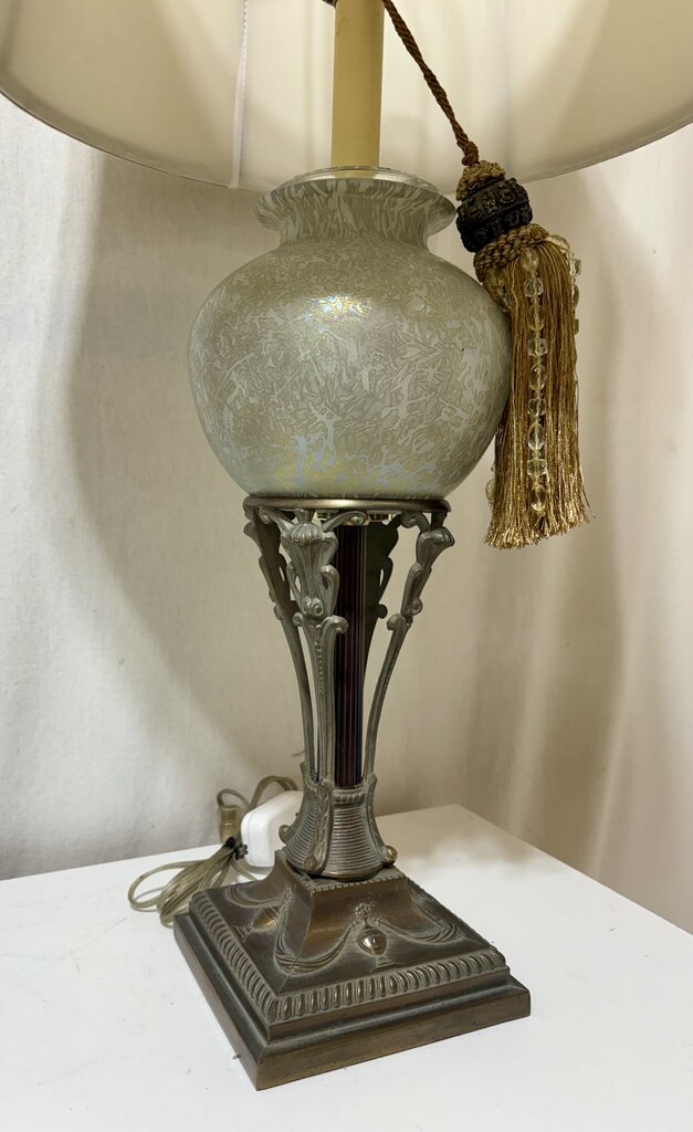 Mid Century Art Nouveau Style Bronze & Rose Opalescent Globe Table Lamp (PAIR)