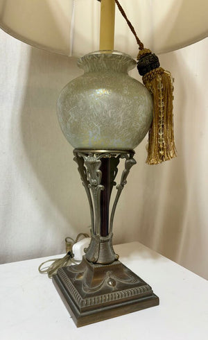 Mid Century Art Nouveau Style Bronze & Rose Opalescent Globe Table Lamp (PAIR)
