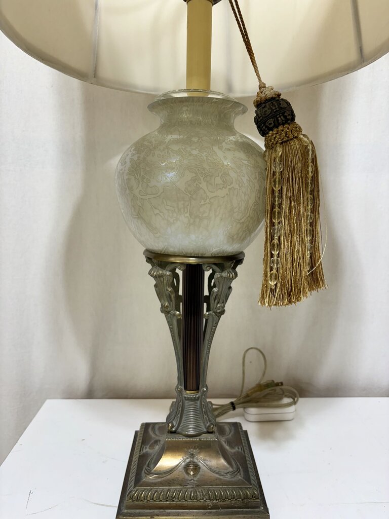 Mid Century Art Nouveau Style Bronze & Rose Opalescent Globe Table Lamp (PAIR)