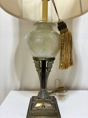 Mid Century Art Nouveau Style Bronze & Rose Opalescent Globe Table Lamp (PAIR)