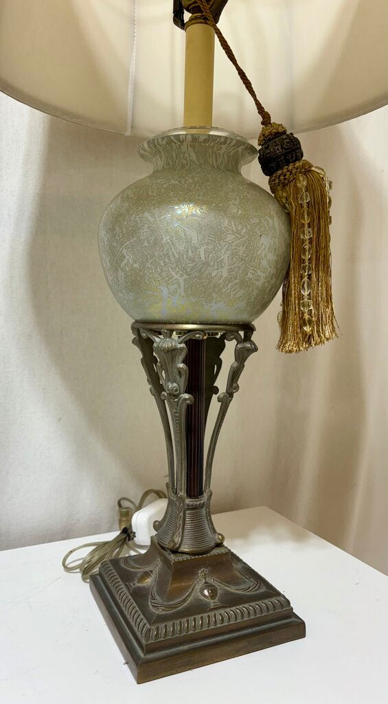Mid Century Art Nouveau Style Bronze & Rose Opalescent Globe Table Lamp (PAIR)