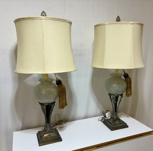 Mid Century Art Nouveau Style Bronze & Rose Opalescent Globe Table Lamp (PAIR)