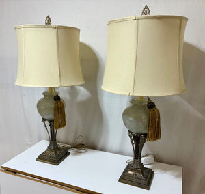 Mid Century Art Nouveau Style Bronze & Rose Opalescent Globe Table Lamp (PAIR)