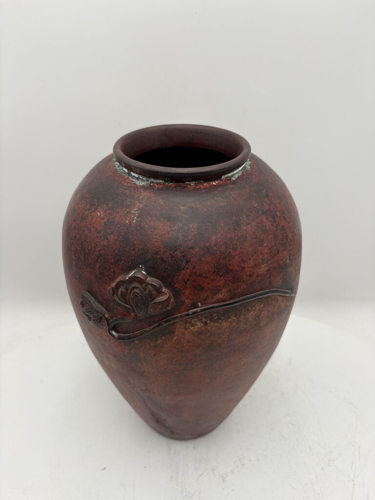 Japanese Style Matte Brown Glazed Floral Applica Motif Pottery Vase