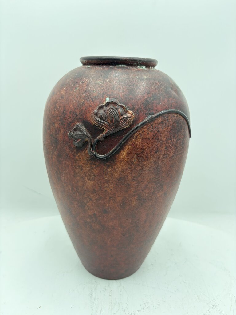 Japanese Style Matte Brown Glazed Floral Applica Motif Pottery Vase
