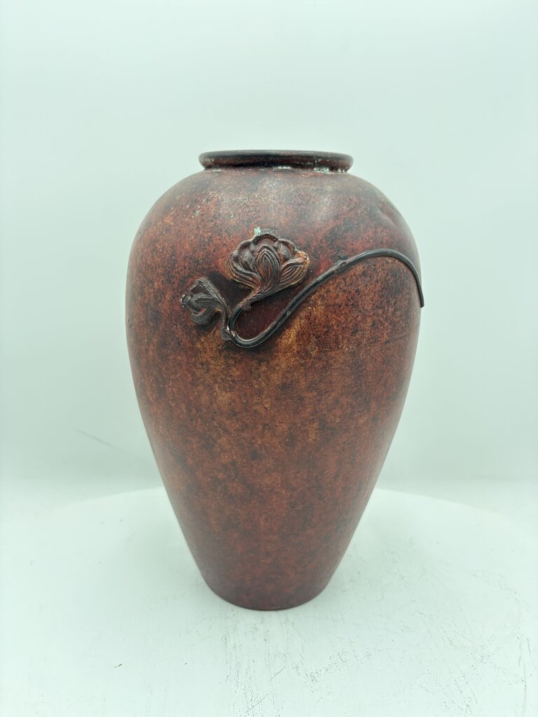 Japanese Style Matte Brown Glazed Floral Applica Motif Pottery Vase