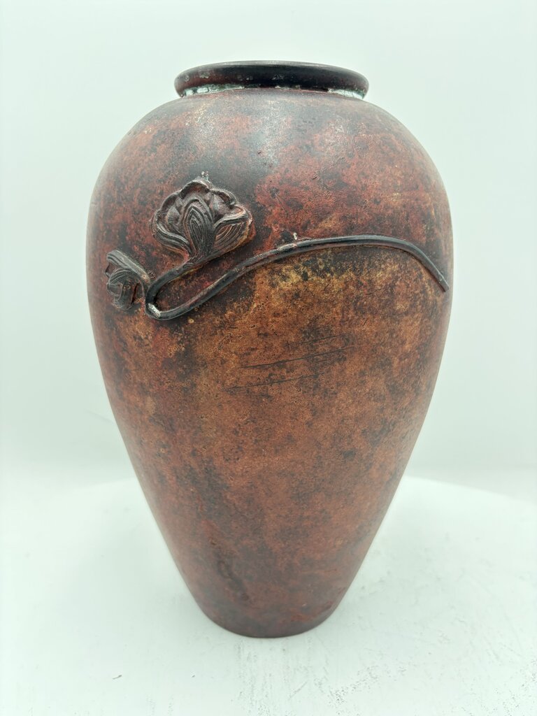 Japanese Style Matte Brown Glazed Floral Applica Motif Pottery Vase