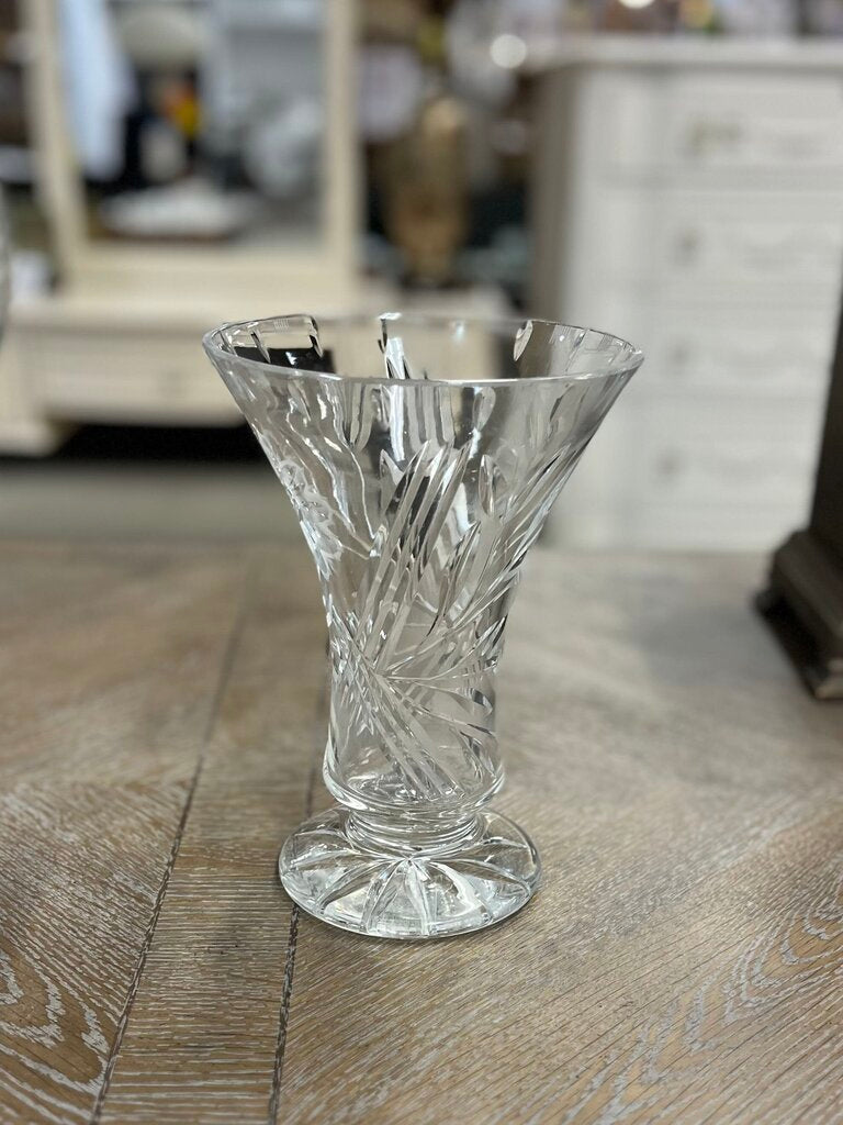 Vintage Etched Floral Crystal Vase 8.5 Inches