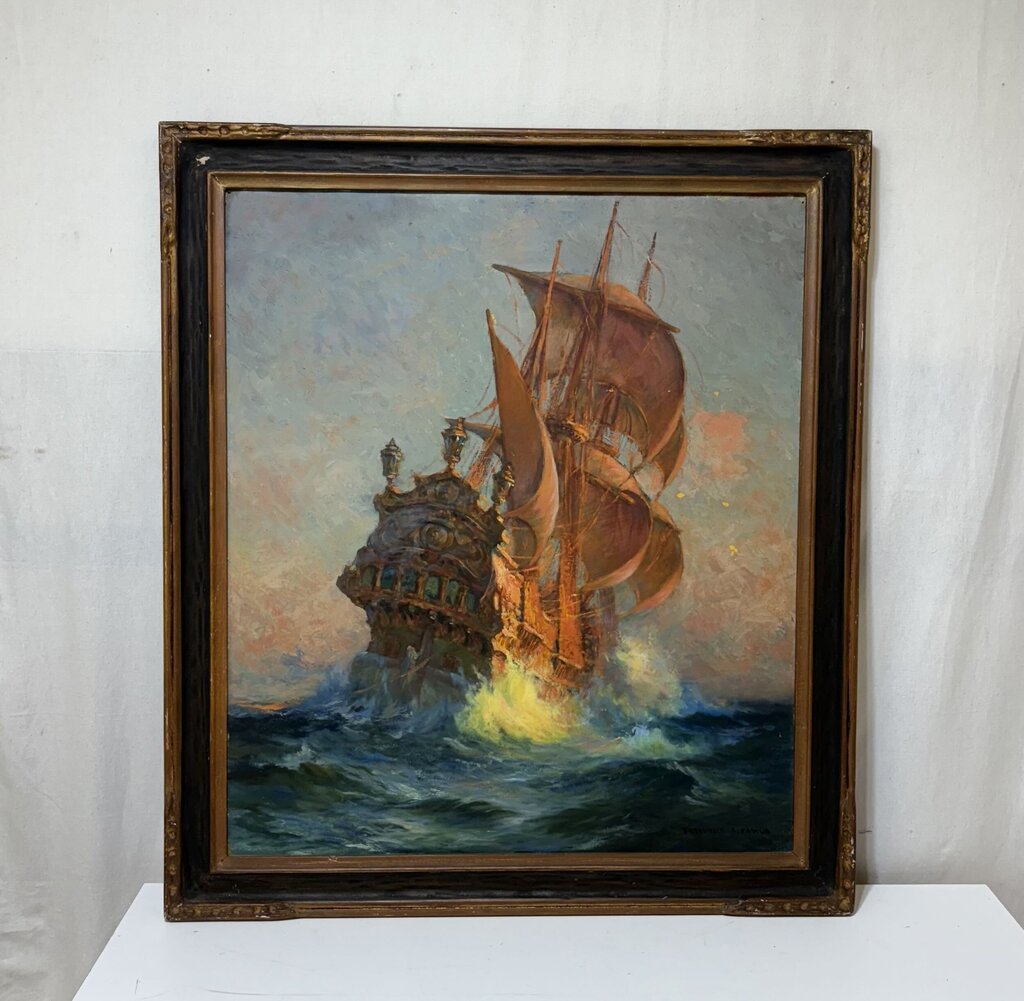 Late 19th C. Frederick A. Pawla Original Oil on Board Spanish Galleon
