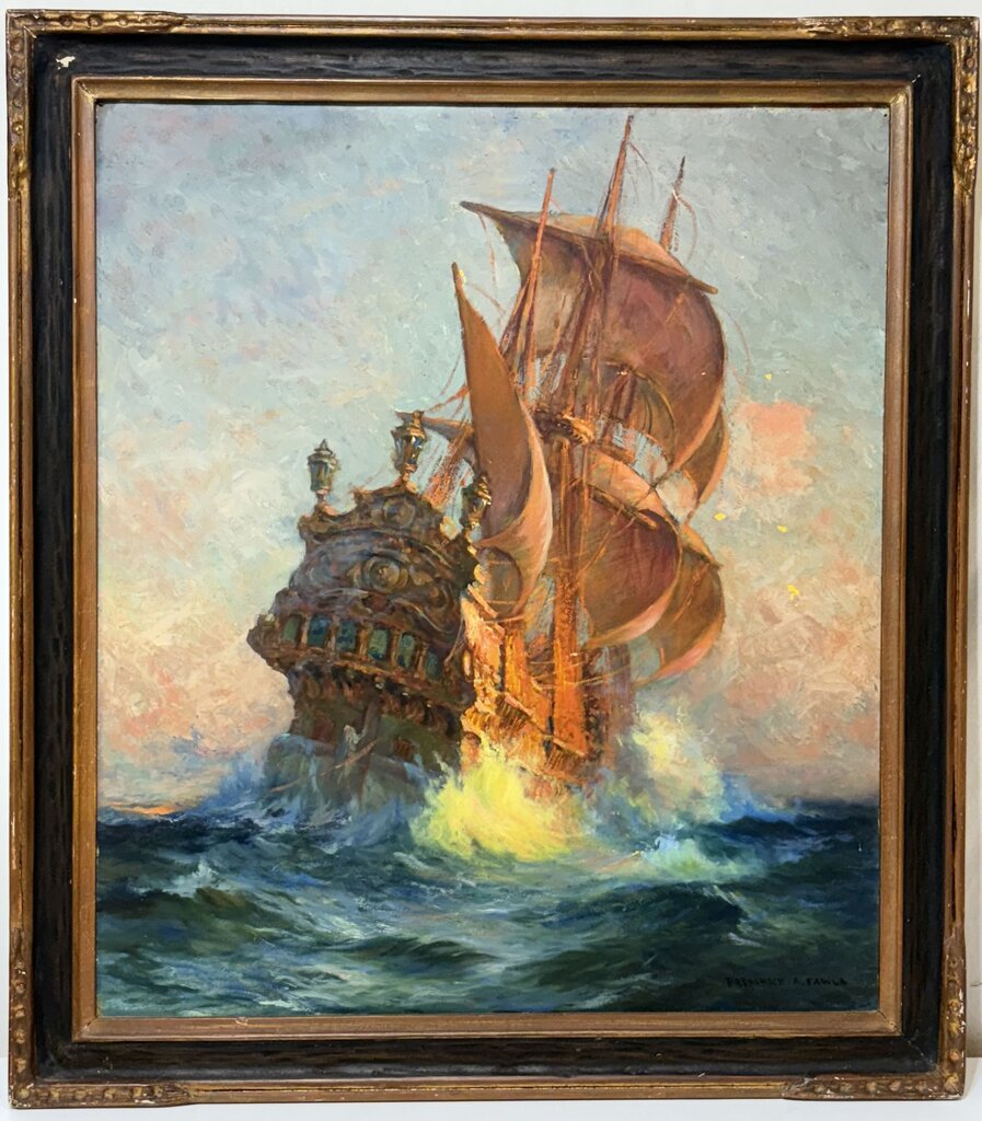 Late 19th C. Frederick A. Pawla Original Oil on Board Spanish Galleon