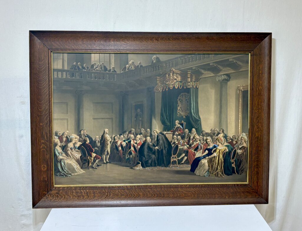 Tiger Oak Framed Lithograph "Franklin Before the Lord's Council..." Colored Etching Reproduction Print