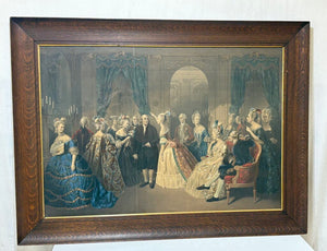 Tiger Oak Framed Lithograph "Franklin Negotiating the Treaty of Alliance with France" Colored Etching Reproduction Print