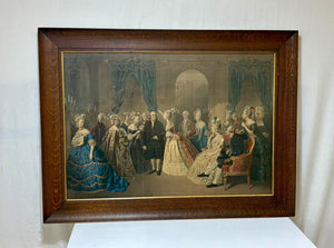 Tiger Oak Framed Lithograph "Franklin Negotiating the Treaty of Alliance with France" Colored Etching Reproduction Print