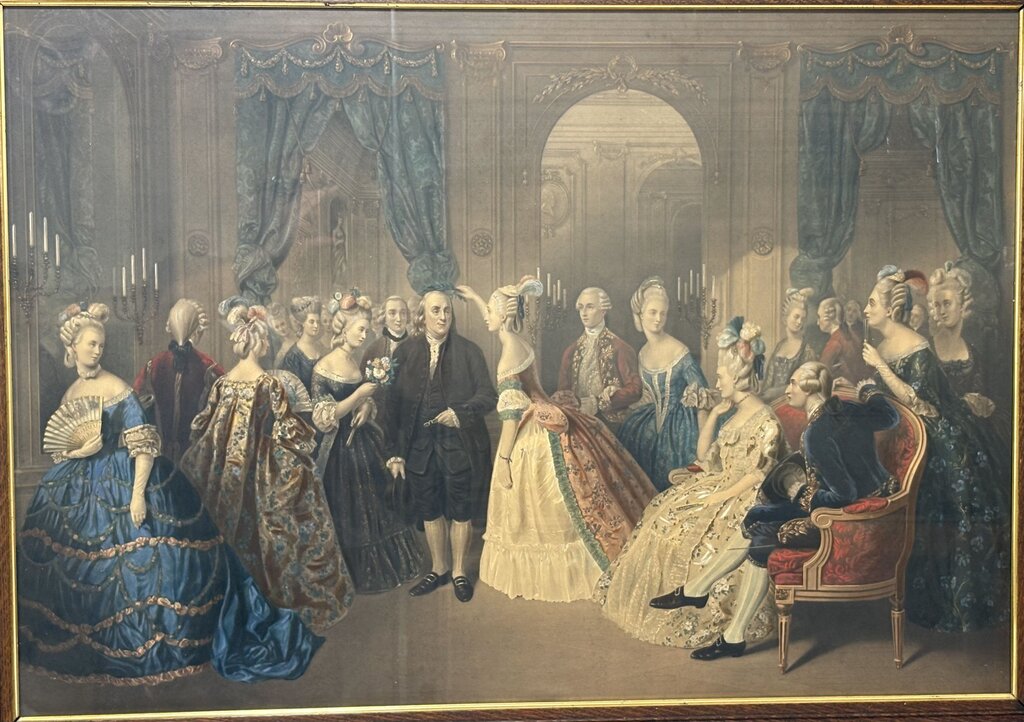 Tiger Oak Framed Lithograph "Franklin Negotiating the Treaty of Alliance with France" Colored Etching Reproduction Print