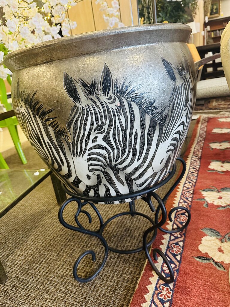 Zebra Head Ceramic Vase On Metal Stand 20x29" H