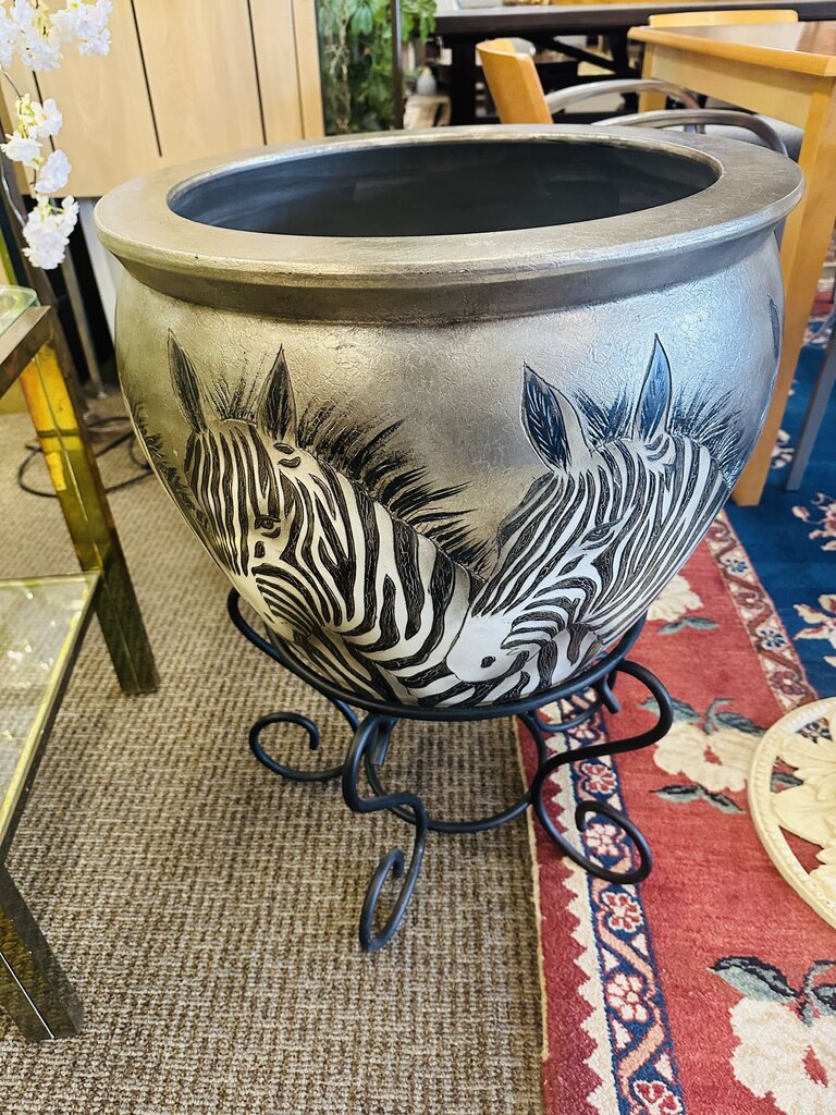 Zebra Head Ceramic Vase On Metal Stand 20x29" H