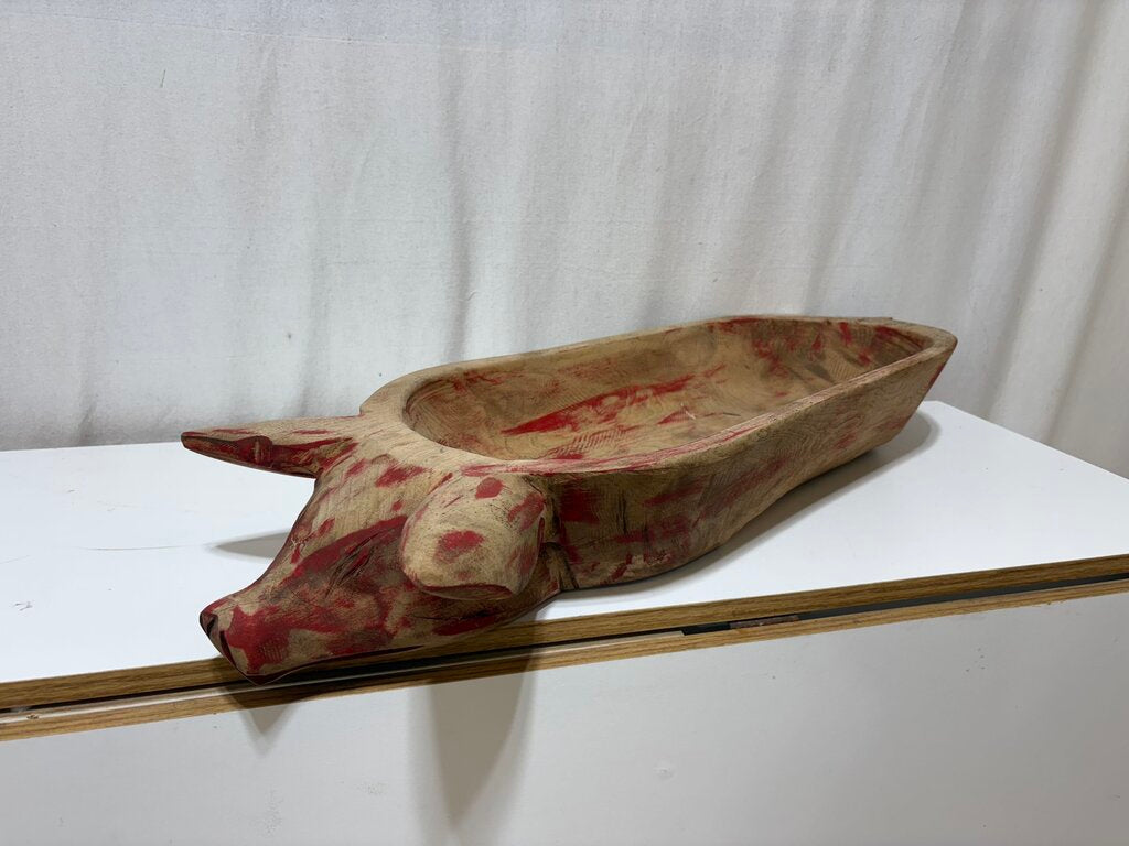 Distressed Red Carved Pig Figural Dough Bowl