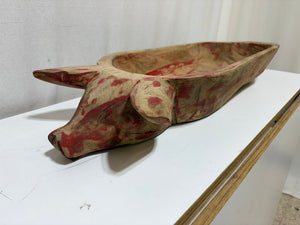 Distressed Red Carved Pig Figural Dough Bowl