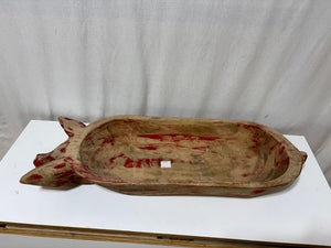 Distressed Red Carved Pig Figural Dough Bowl