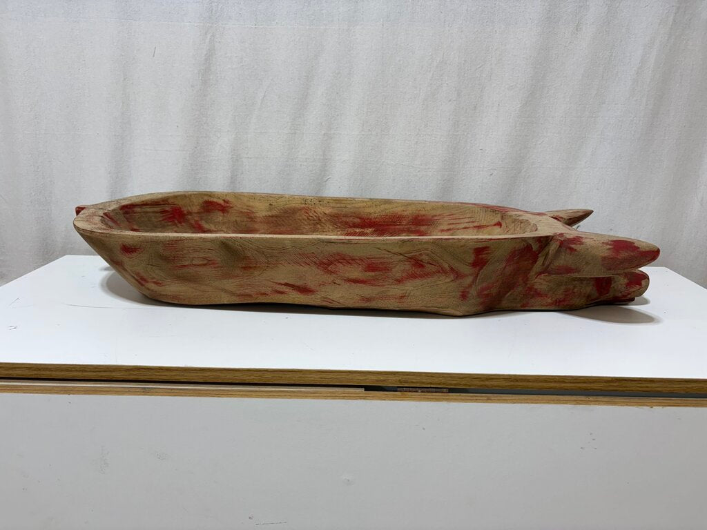 Distressed Red Carved Pig Figural Dough Bowl