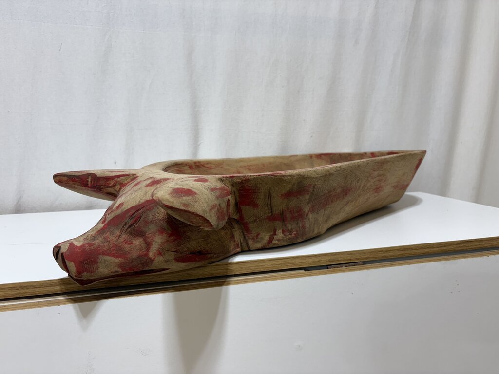 Distressed Red Carved Pig Figural Dough Bowl