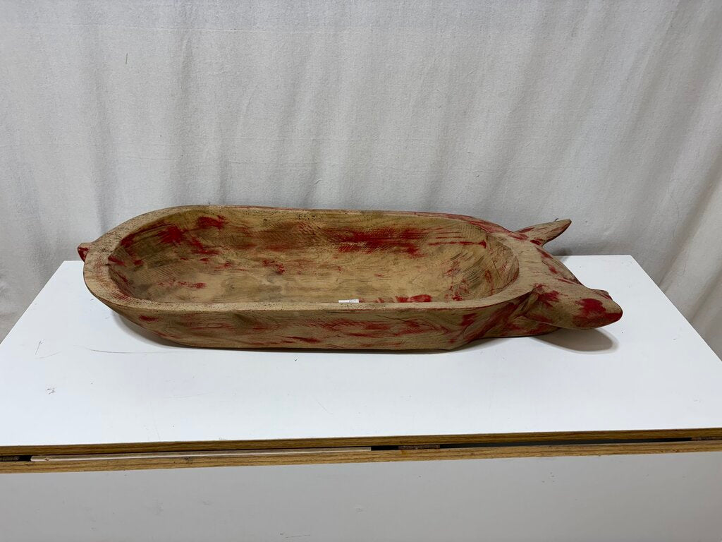 Distressed Red Carved Pig Figural Dough Bowl