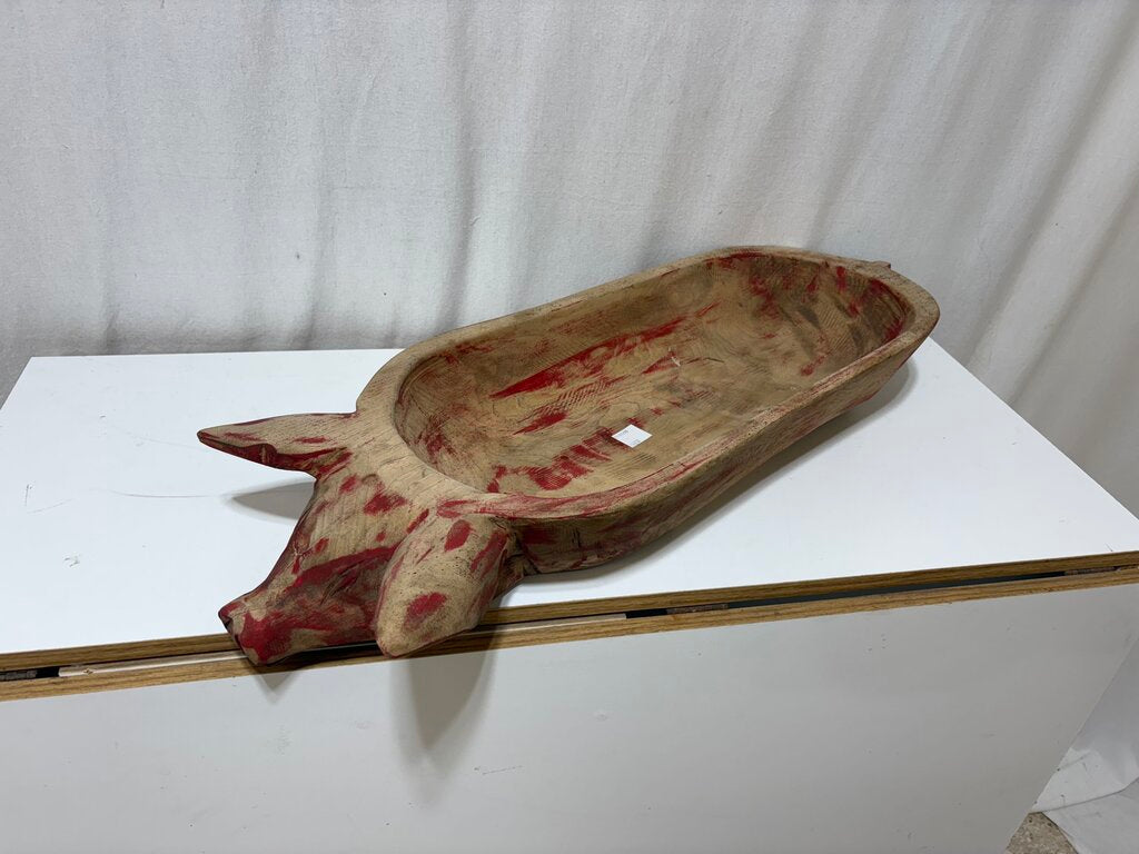Distressed Red Carved Pig Figural Dough Bowl