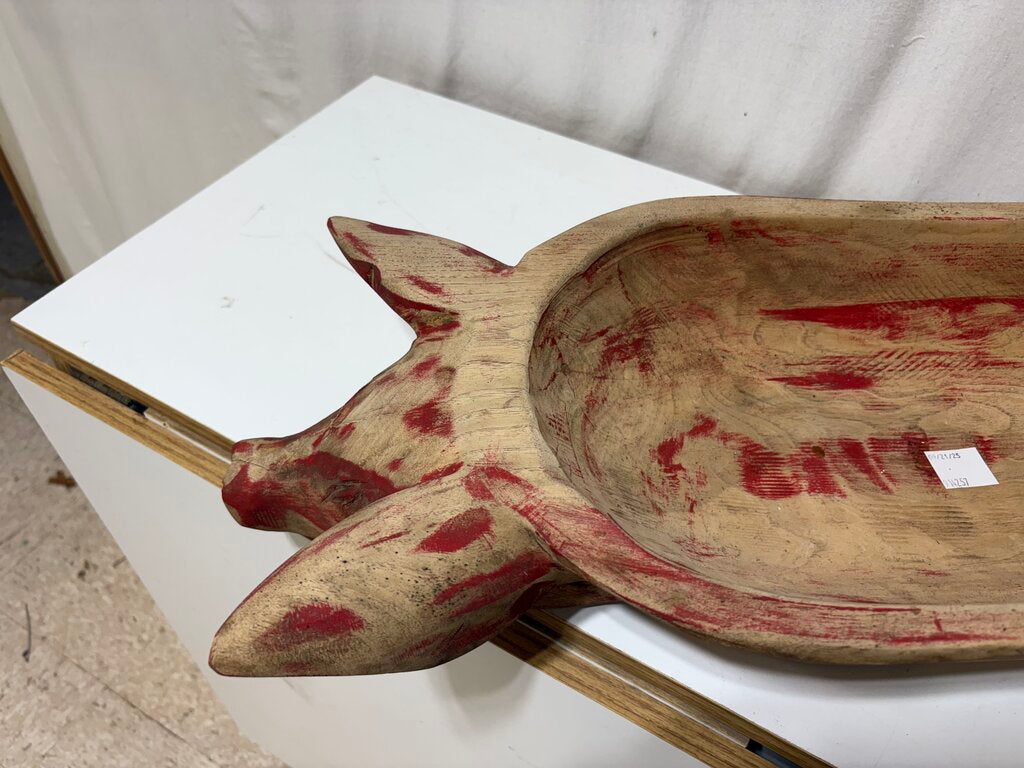Distressed Red Carved Pig Figural Dough Bowl