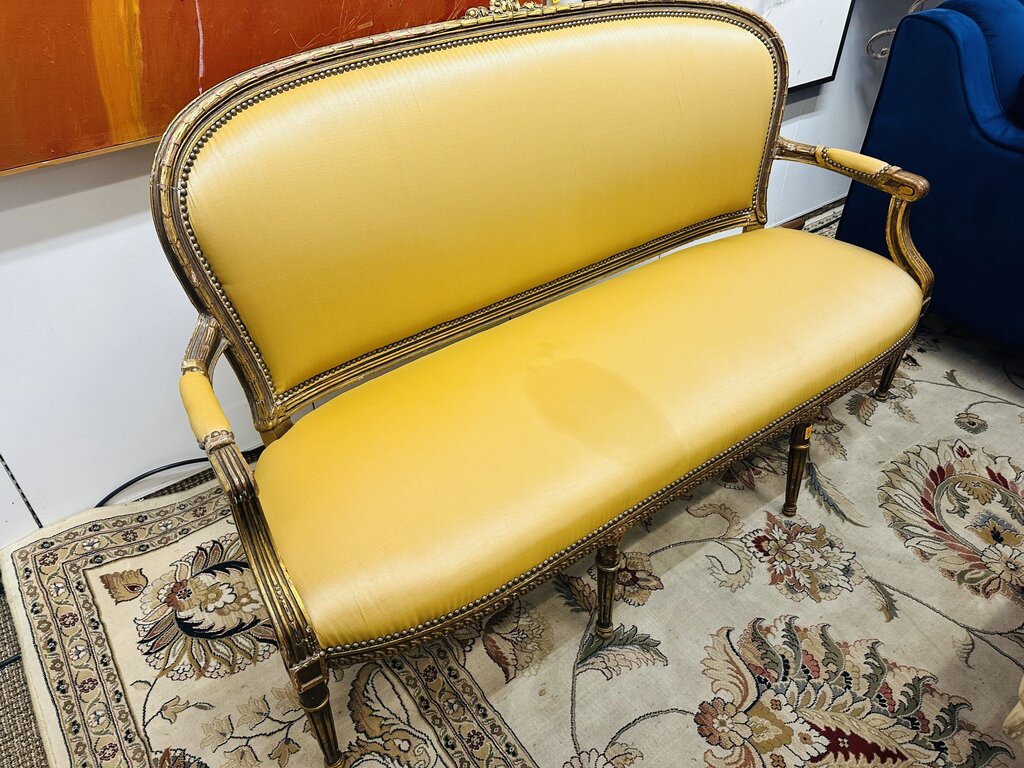 19th C. French Louis XVI Style Carved Gilded Settee 63" W.