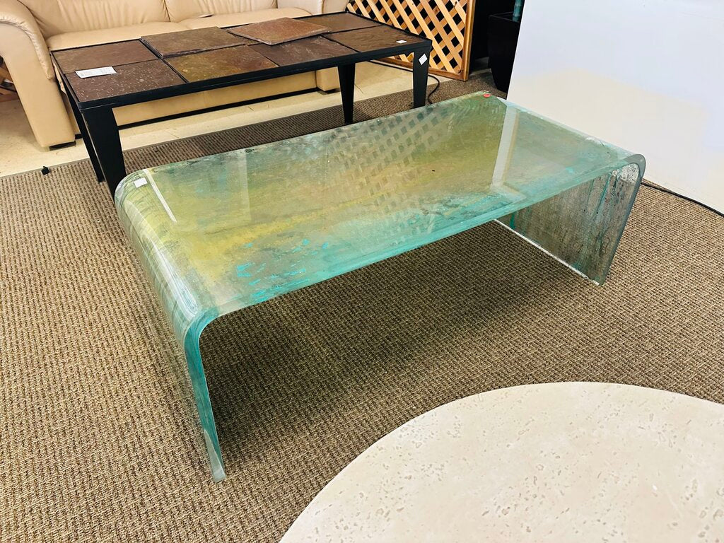 Amparo Calderon Style Gold Turquoise Lucite Waterfall Coffee Table 48x22x17 by Miss Daisy's Consignment & Auction House