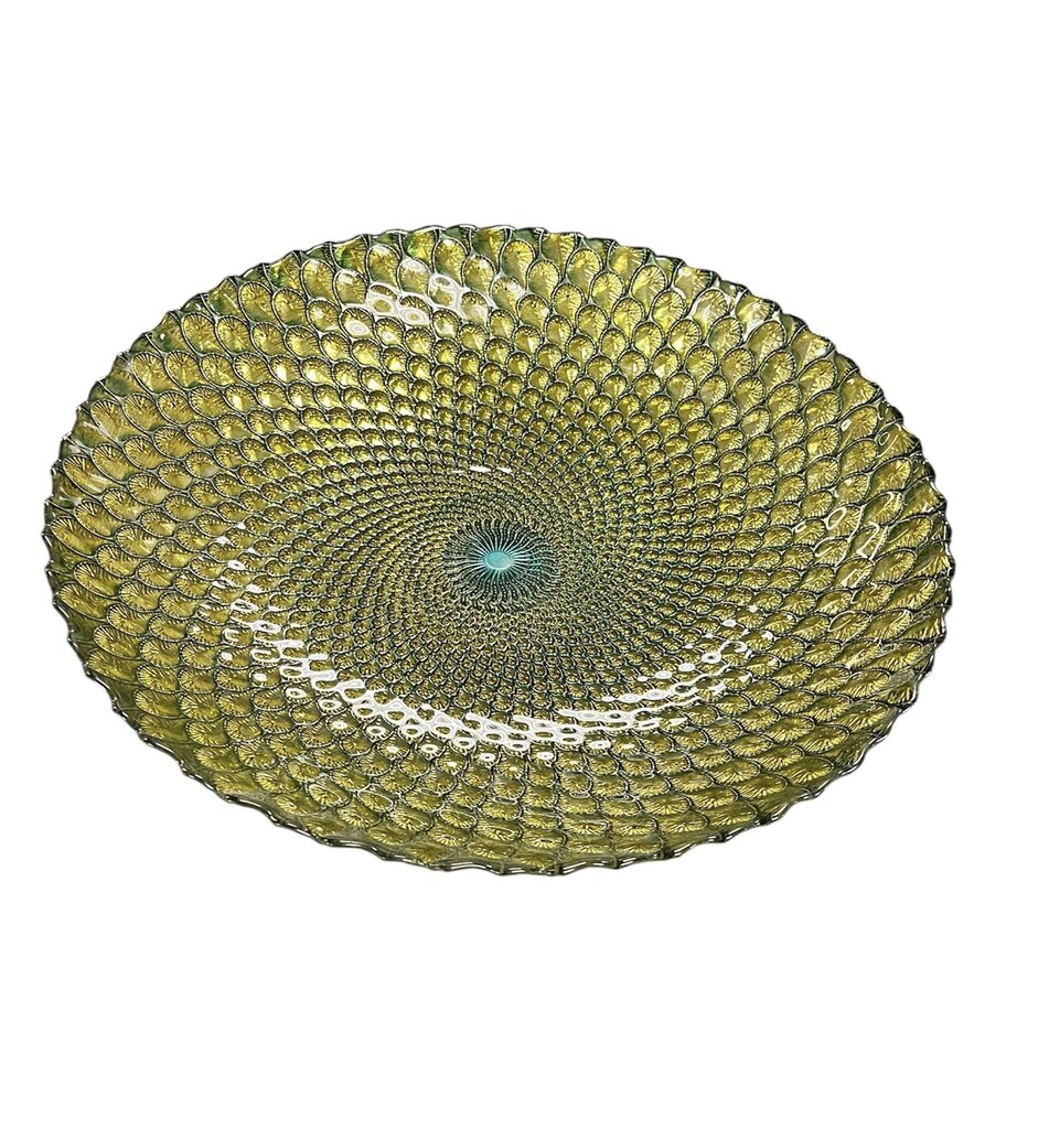 Green Gold & Silver Peacock Istanbul Glass Dish 15.5
