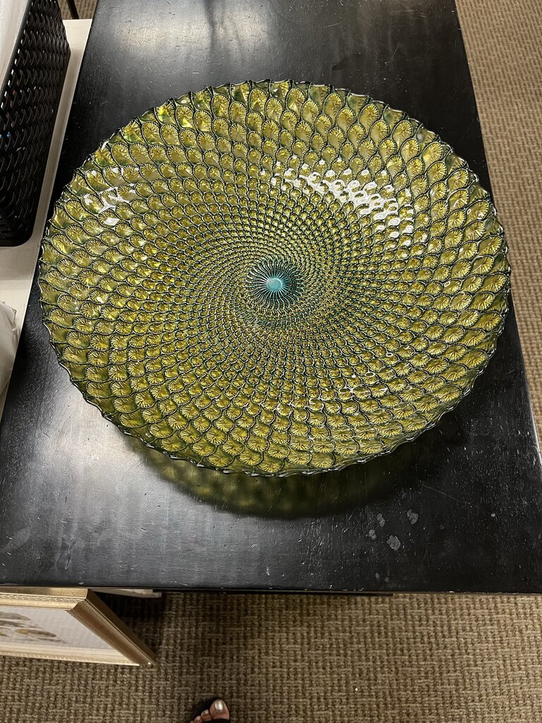 Green Gold & Silver Peacock Istanbul Glass Dish 15.5