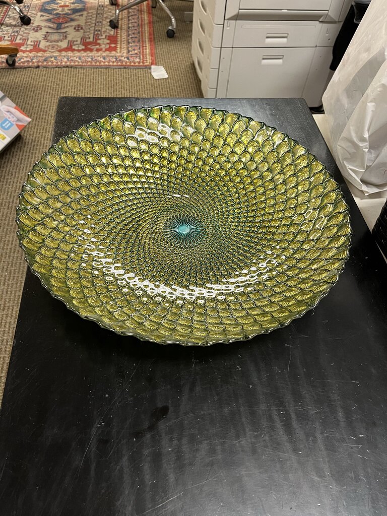 Green Gold & Silver Peacock Istanbul Glass Dish 15.5