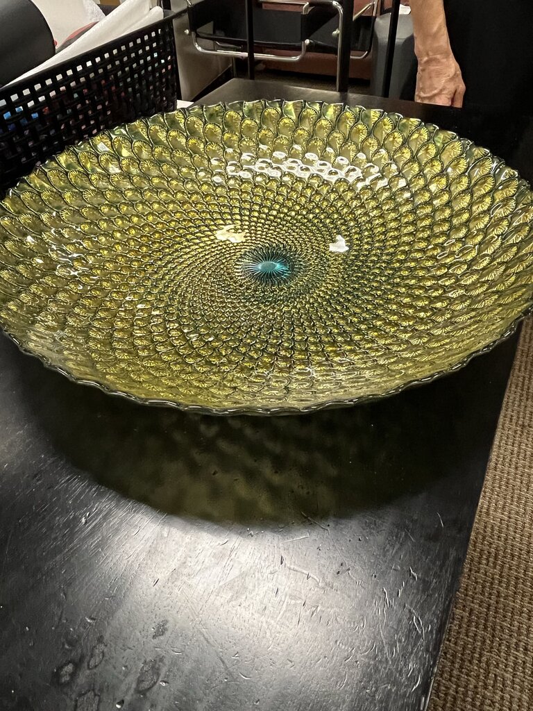 Green Gold & Silver Peacock Istanbul Glass Dish 15.5