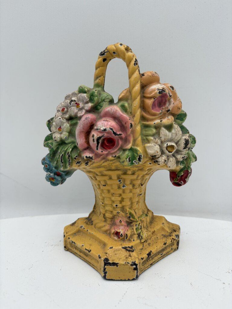 Vintage Yellow Pink Floral Cast Iron Basket Door Stop 5.6"