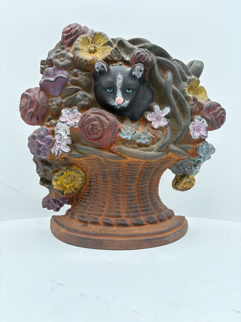 Vintage Cat in a Floral Basket Cast Iron Door Stop 10.1"