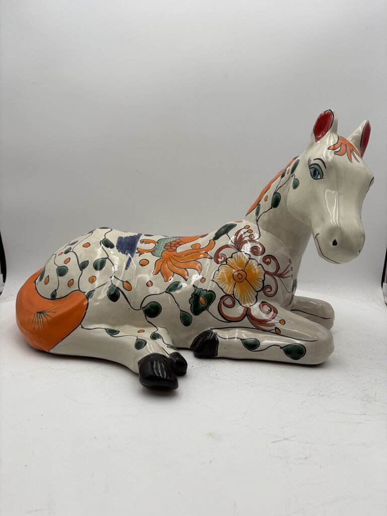 Mexican Majolica Talavera Pottery Colorful White Horse Statute